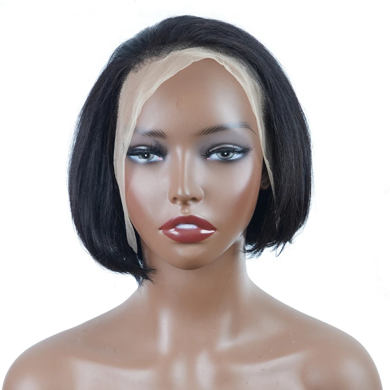 100% Real Human Hair Black Wig headband, 13x4 Stitched Frontal Lace Bob Short Straight Wig