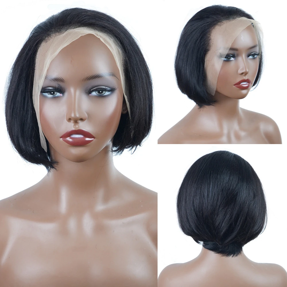 100% Real Human Hair Black Wig headband, 13x4 Stitched Frontal Lace Bob Short Straight Wig