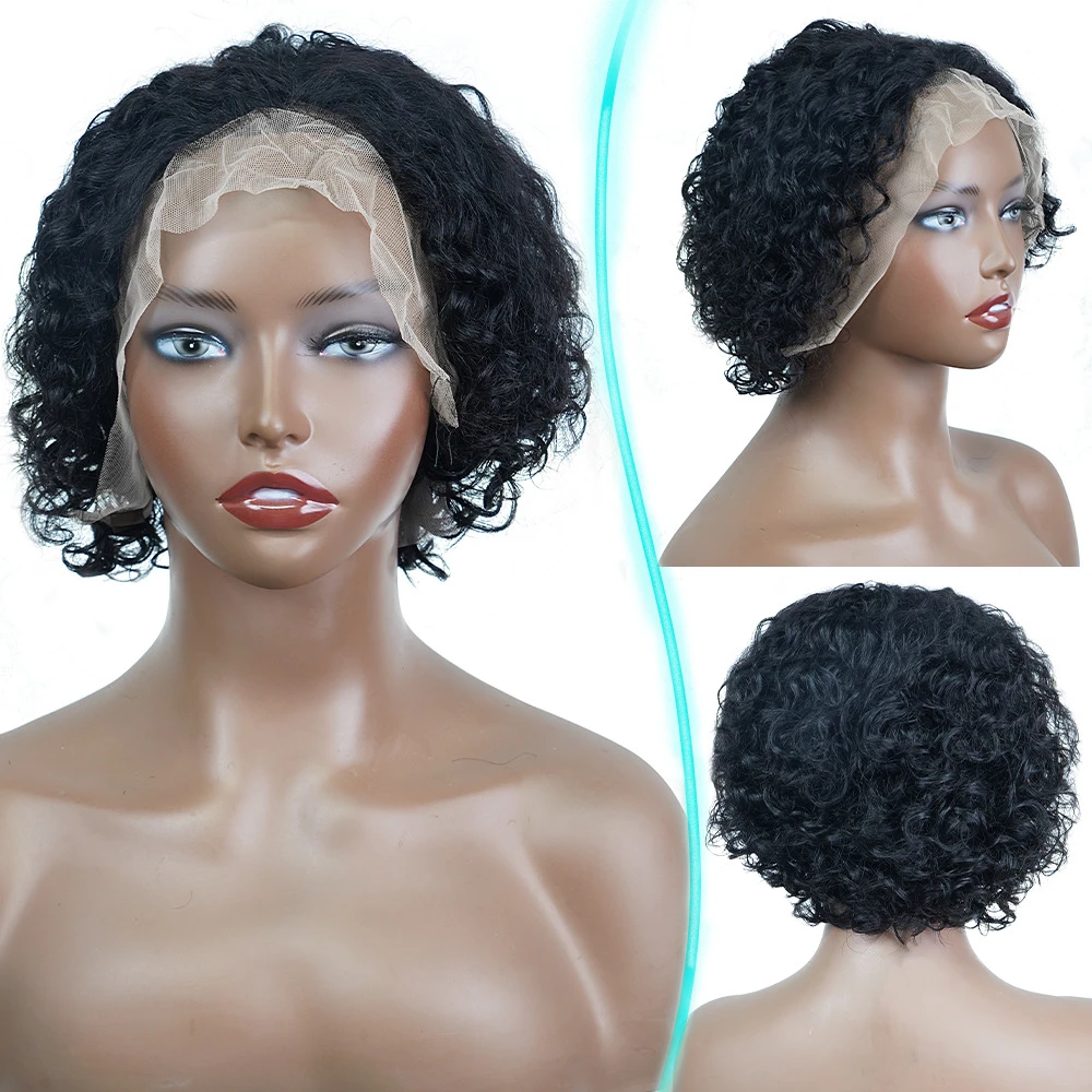 African Human Hair Wig Headband, 13x4 Frontal Lace Cap, Short Curly Wigs with Natural Color