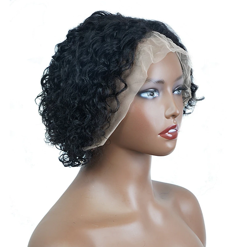 African Human Hair Wig Headband, 13x4 Frontal Lace Cap, Short Curly Wigs with Natural Color