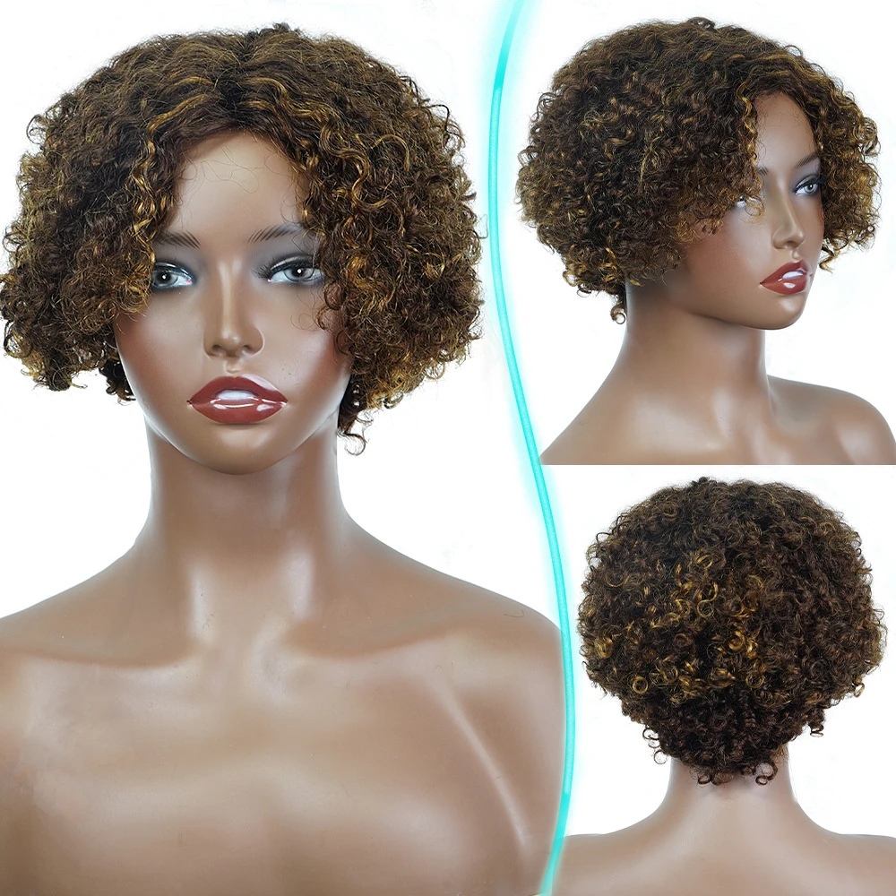 African American Human Hair Wig, Highlighted Short Curly Hair with Lace Front Cap