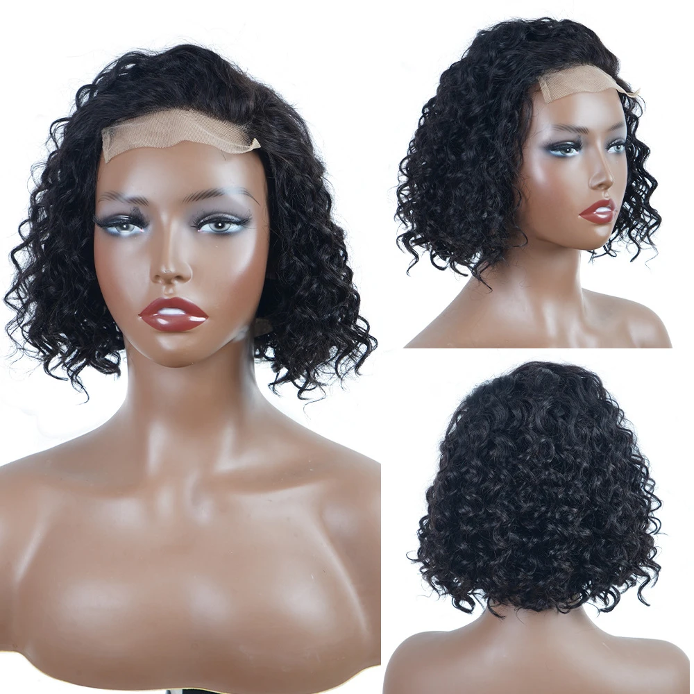 100% Real Human Hair Wig with Lace Front, 4x4 Lace Closure, Short Curly Black Bob Wig
