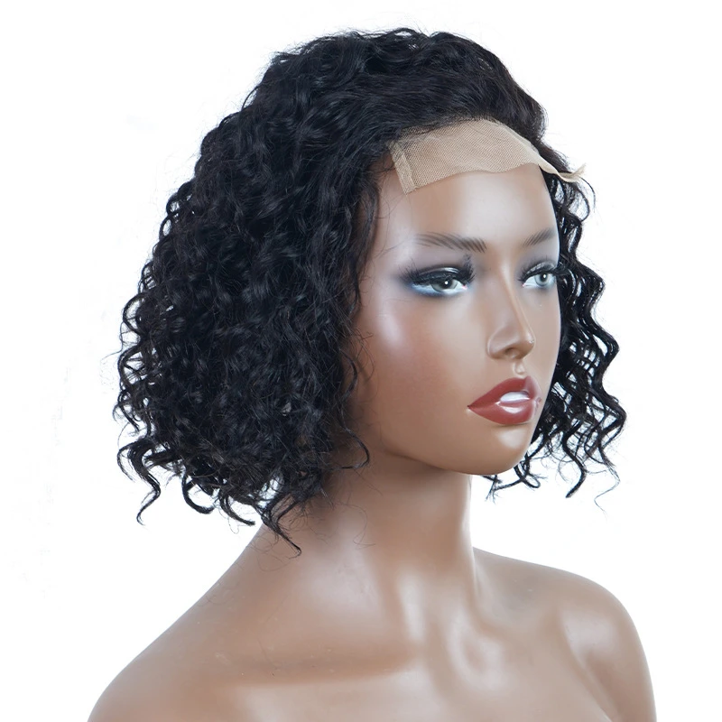 100% Real Human Hair Wig with Lace Front, 4x4 Lace Closure, Short Curly Black Bob Wig