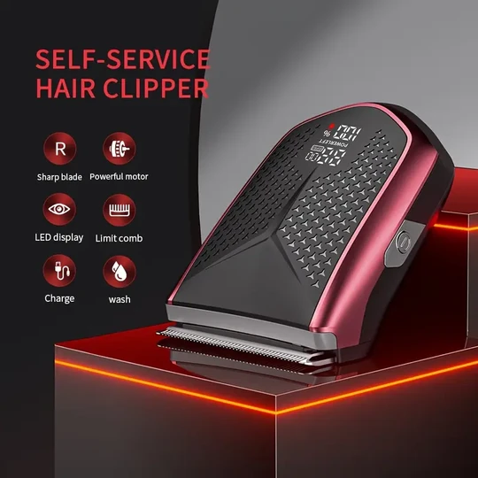 Sleek Red & Black Cordless Hair Clipper for Men - USB Rechargeable with 1400mAh Battery, Low Noise Beard Trimmer & Grooming Kit with LED Display - Perfect for Home Use & Barbers - Ideal Christmas Gift