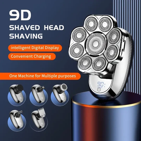 9D Head Shaver For Bald Men, 6-in-1 Electric Razor For Men With Nose Hair Trimmer, Cordless Rechargeable Bald Head Shavers For Wet/Dry With Large Battery, LED Display