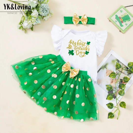 St. Patrick's Day Baby Girl Flying Sleeve Romper Cartoon Mesh Skirt Three-piece Set