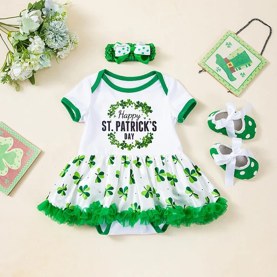 St. Patrick's New Baby Girl Short Sleeve Romper Dress Baby Cartoon Romper Three-piece Set