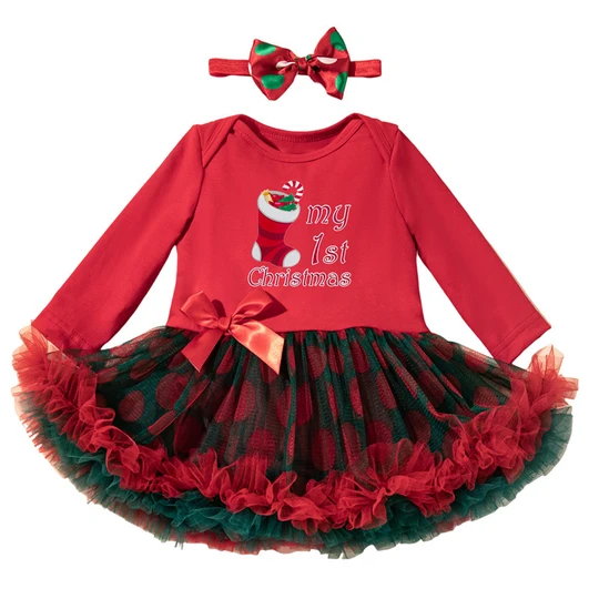 2024 Autumn and Winter New Christmas Long Sleeve Romper Puffy Princess Dress Headband Two-piece Set