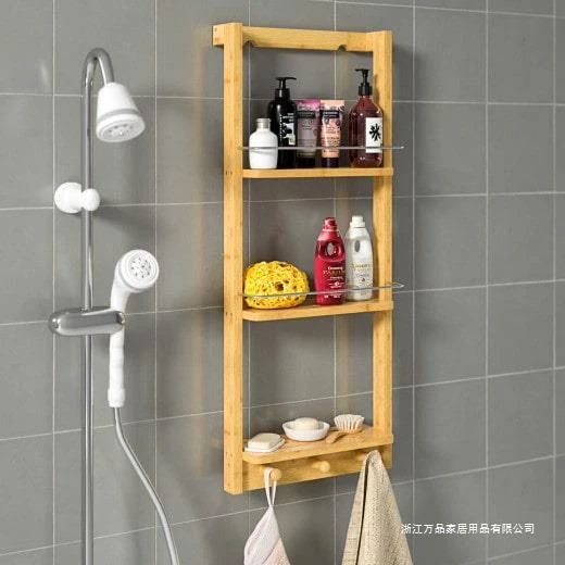 Bamboo Custom Design Bamboo Bathroom Storage Rack 3 Tiers Wall Mounted Bathroom Corner Shelves With Hooks Bamboo Modern