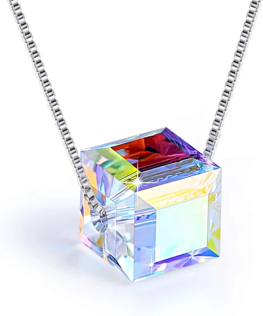 Sterling Silver Necklace Crystal Cube Pendant