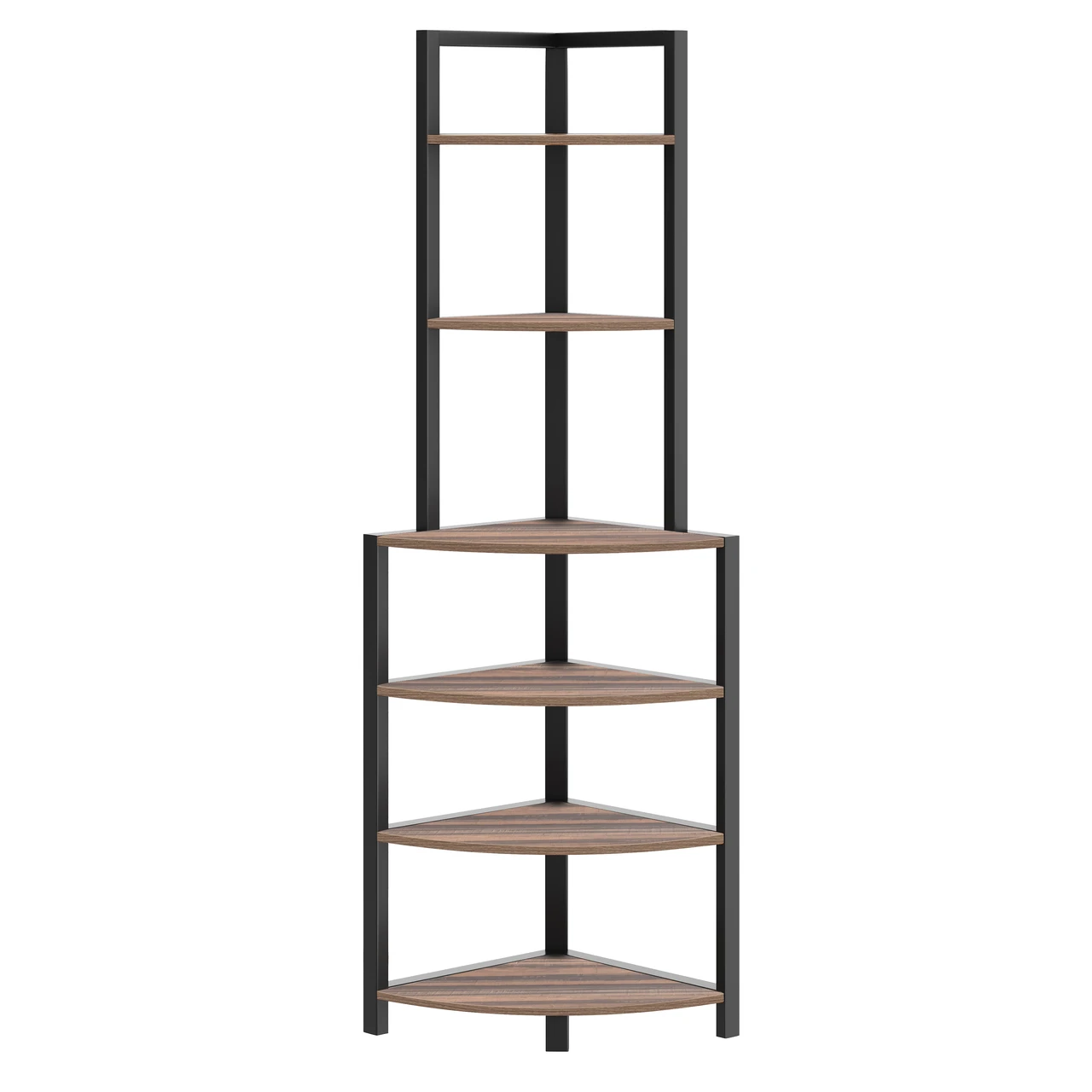 5 Tier Corner Shelf, Industrial Corner Bookshelf with Metal Frame, Rustic Corner Storage Rack Shelves Display Plant Flower, Stand Bookcase for Home Office, Small Place, Kitchen, Black