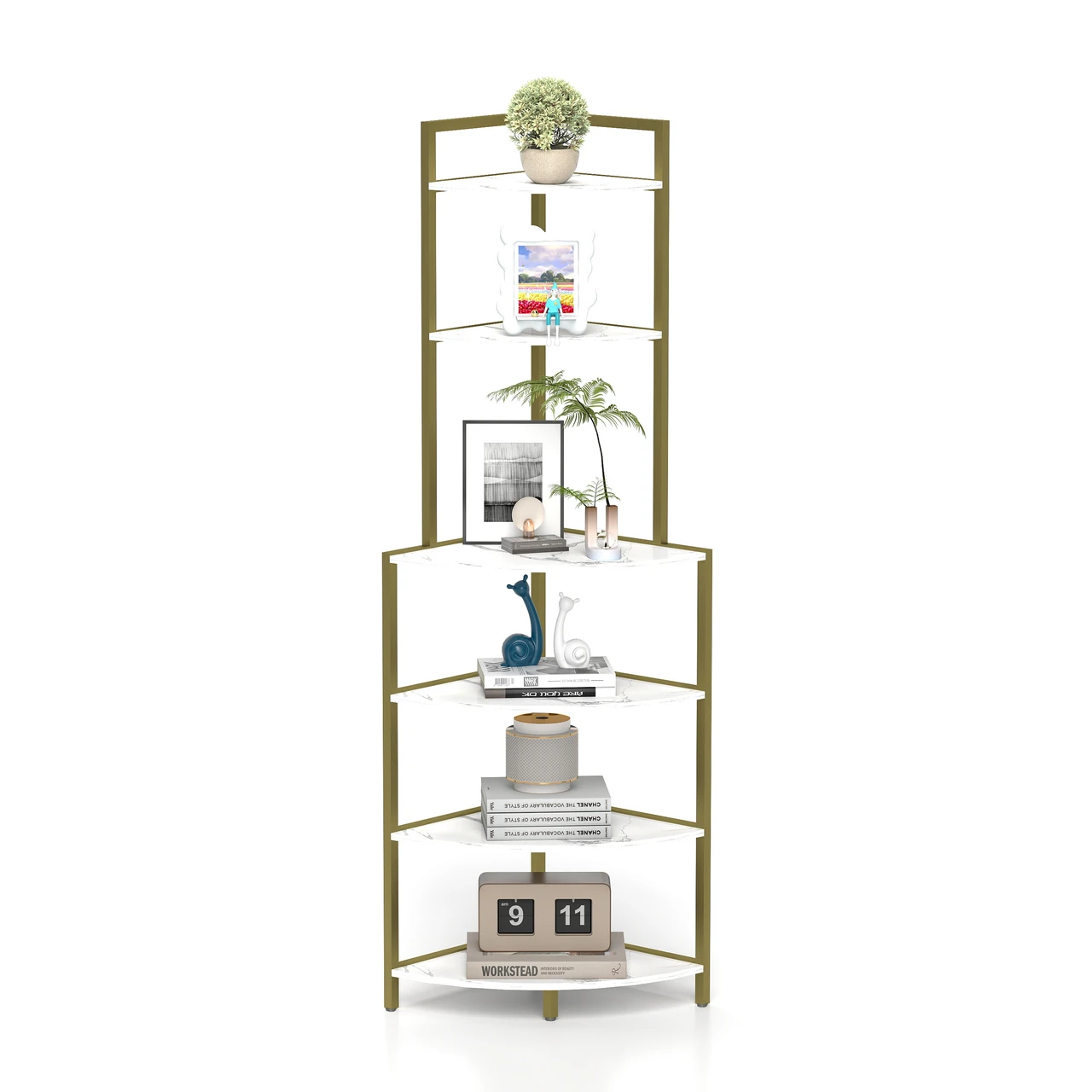 Corner Shelf 5 Tier Corner Bar Rack, Corner Bookshelf Bookcase Display Shelves for Living Room, Dining Room, Kitchen, Gold