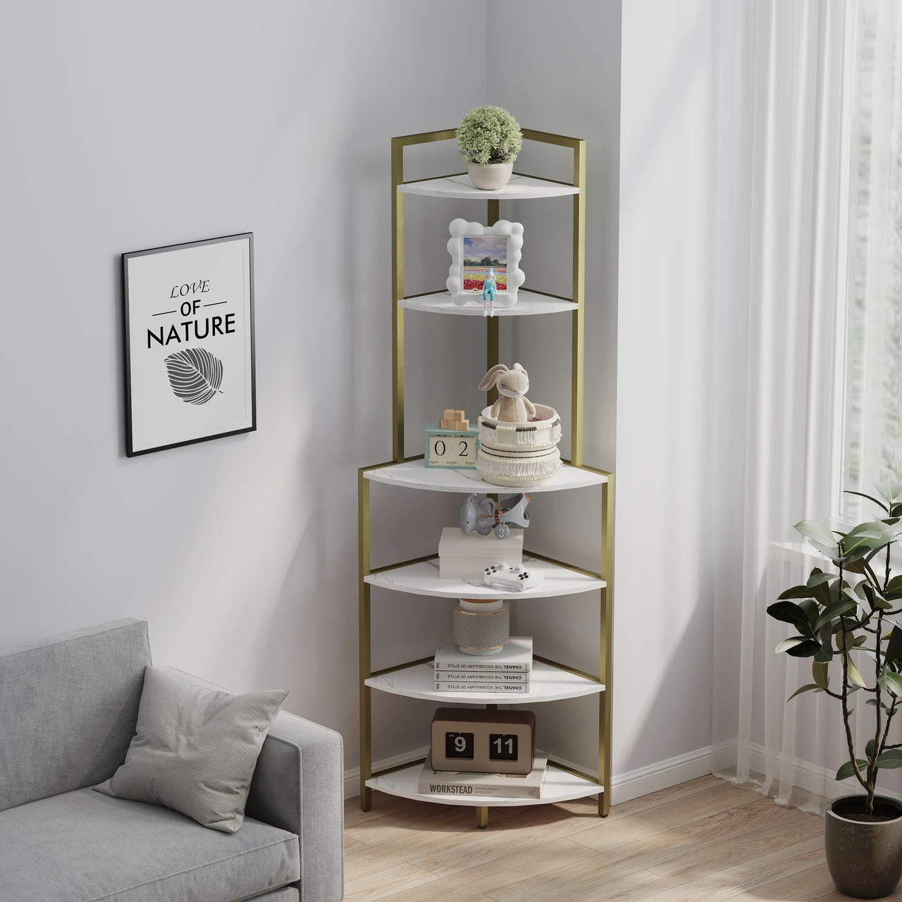 Corner Shelf 5 Tier Corner Bar Rack, Corner Bookshelf Bookcase Display Shelves for Living Room, Dining Room, Kitchen, Gold
