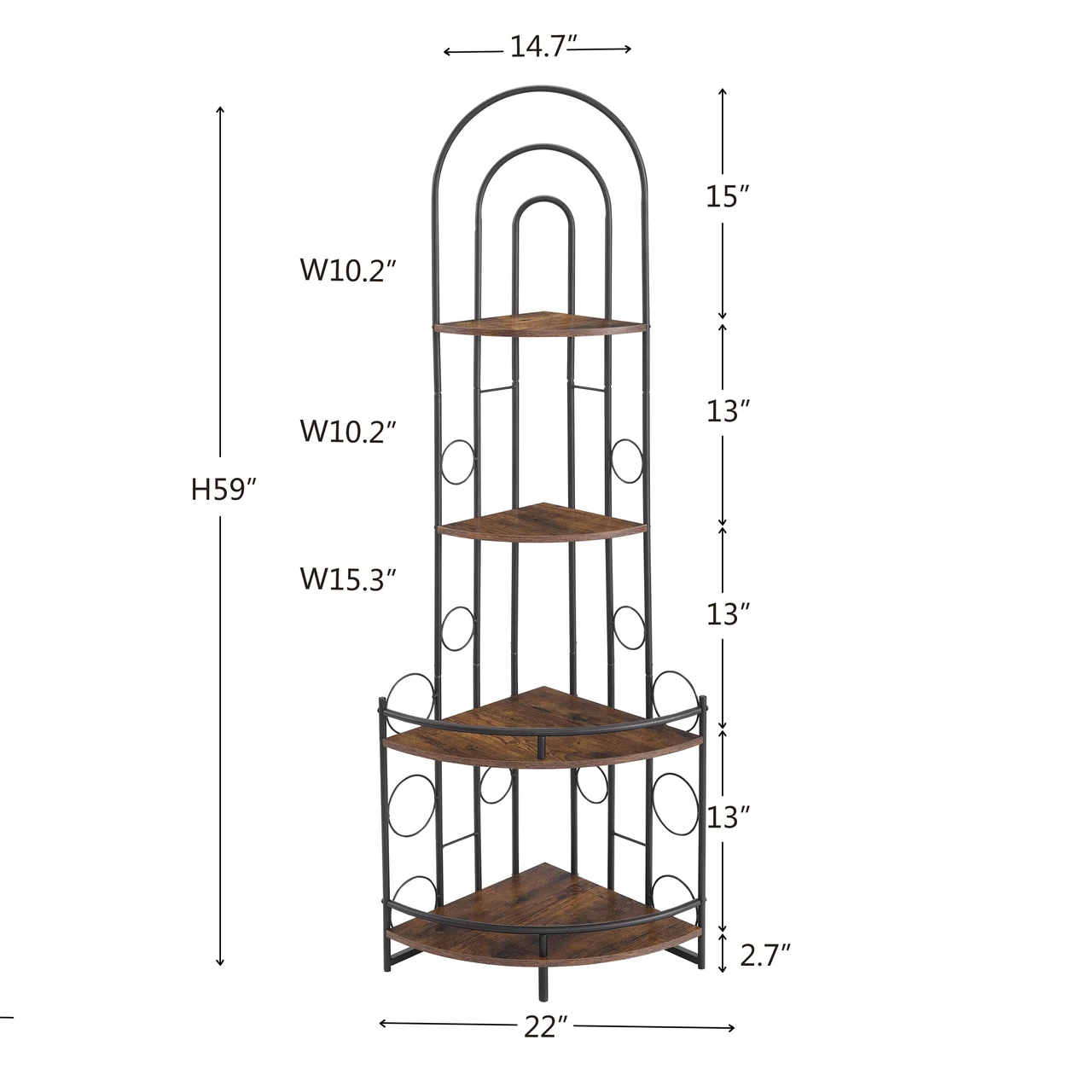4-Tier Corner Shelf Stand, Wall Corner Bookshelf with Metal Frame, Bathroom Storage Rack Shelf, Plant Stand, Industrial Style,Rustic Brown and Black