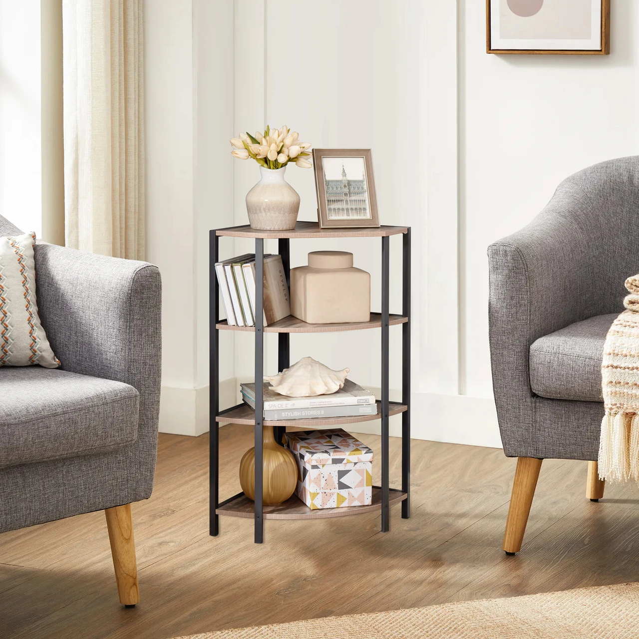 4-Tier Corner Bookshelf Stand, Modern Industrial Ladder Shelf, Storage Organizer Bookcase, Display Rack Shelves for Small Spaces, Living Room, Kitchen, Office.Corner Plant Stand