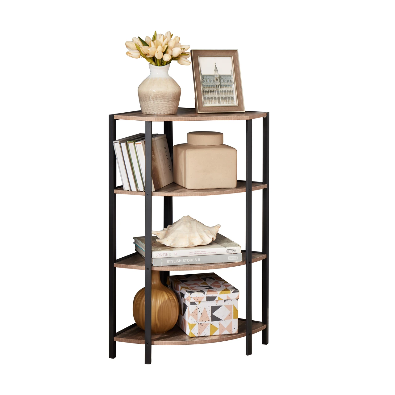 4-Tier Corner Bookshelf Stand, Modern Industrial Ladder Shelf, Storage Organizer Bookcase, Display Rack Shelves for Small Spaces, Living Room, Kitchen, Office.Corner Plant Stand