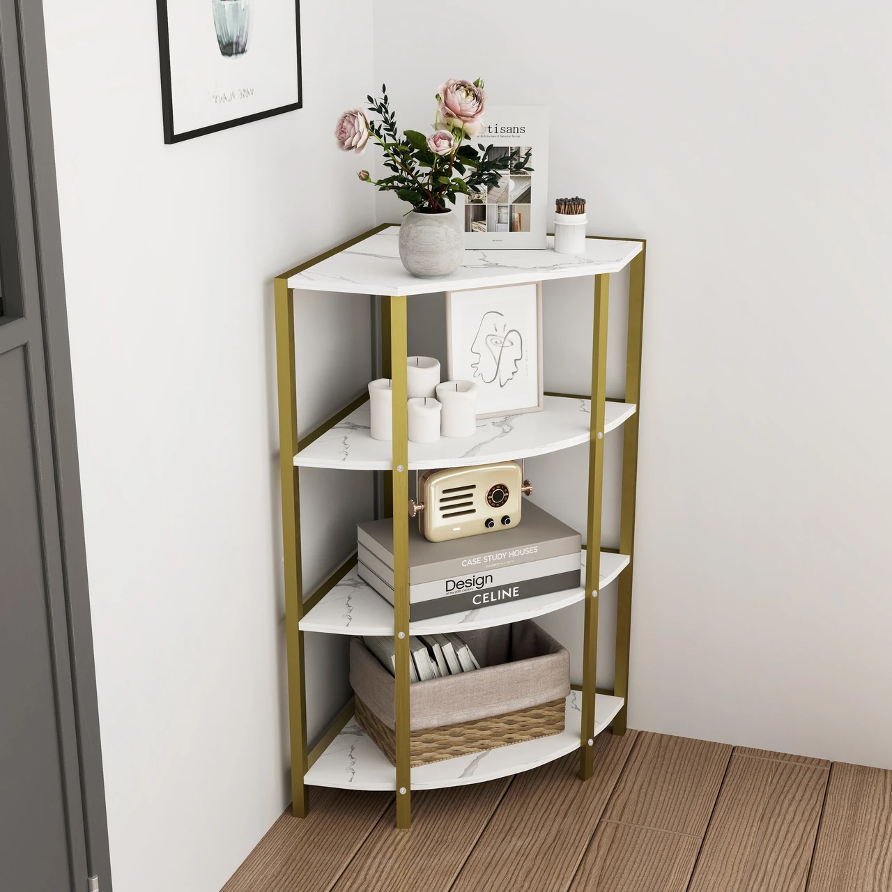 4 Tier Corner Bookshelf, Industrial Corner Shelves Plant Stand Small Short Corner Shelf Table, Wood Corner Display Shelf Corner Shelving Unit for Small Spaces, Living Room, Bedroom.Golden