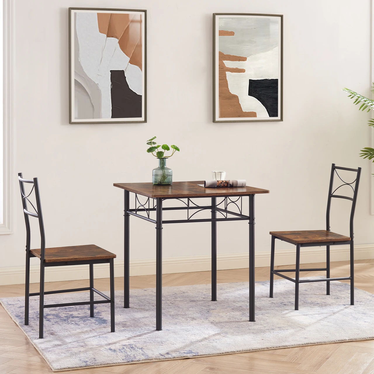 3-Piece Kitchen Dining Room Table Set for Small Spaces，Iron Wood Square Table with 2 Chairs for Kitchen Dining Room Furniture