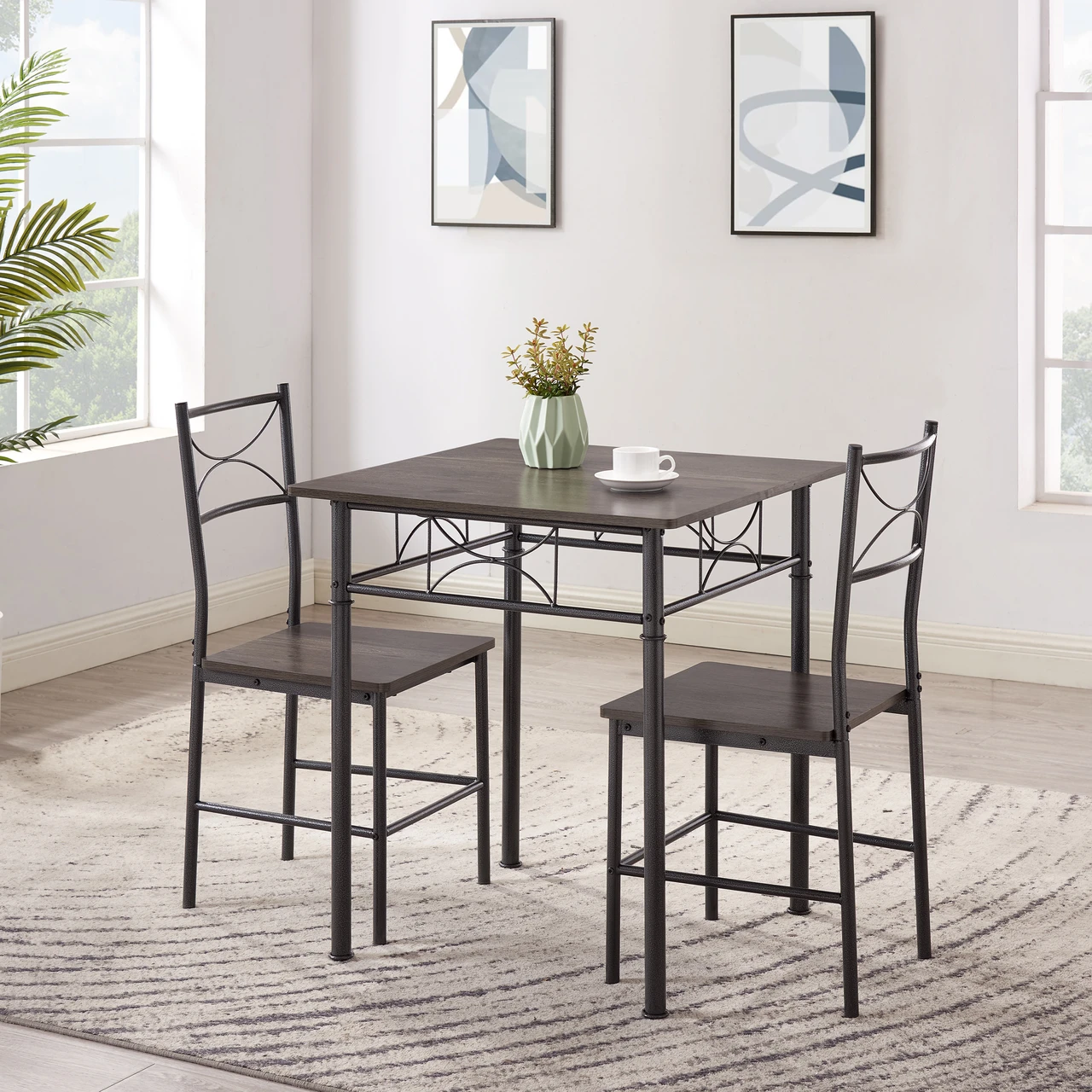 3-Piece Kitchen Dining Room Table Set for Small Spaces，Iron Wood Square Table with 2 Chairs for Kitchen Dining Room Furniture.Gray