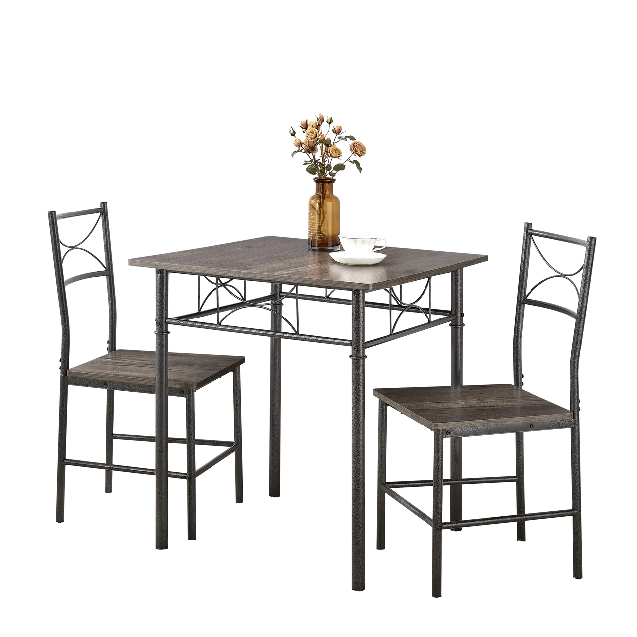 3-Piece Kitchen Dining Room Table Set for Small Spaces，Iron Wood Square Table with 2 Chairs for Kitchen Dining Room Furniture.Gray