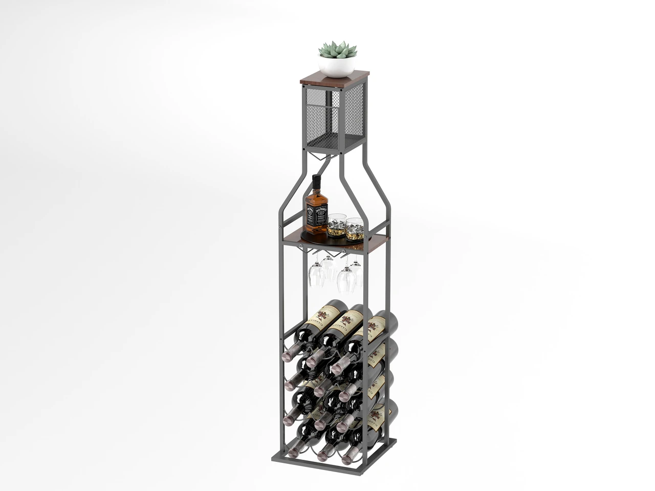 Industrial wine bottle rack with flip-top cork storage - metal and wood combination, plenty of storage space