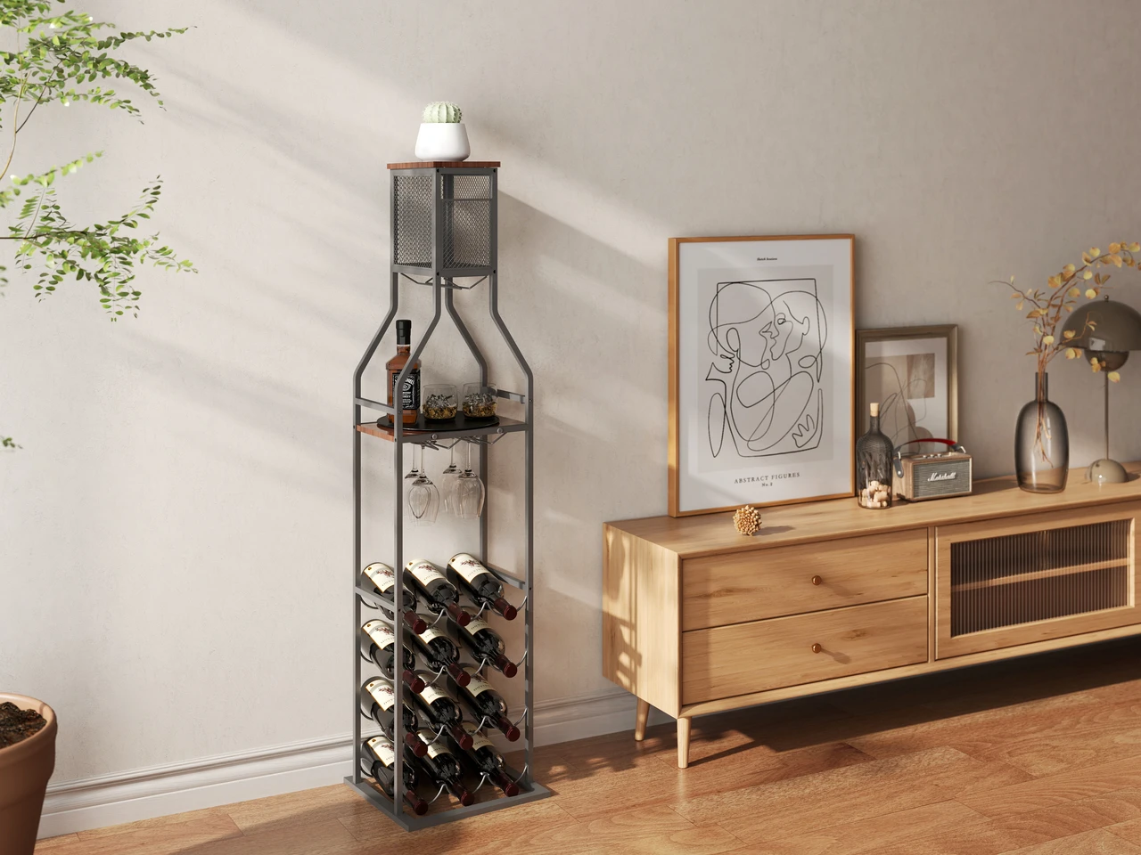 Industrial wine bottle rack with flip-top cork storage - metal and wood combination, plenty of storage space