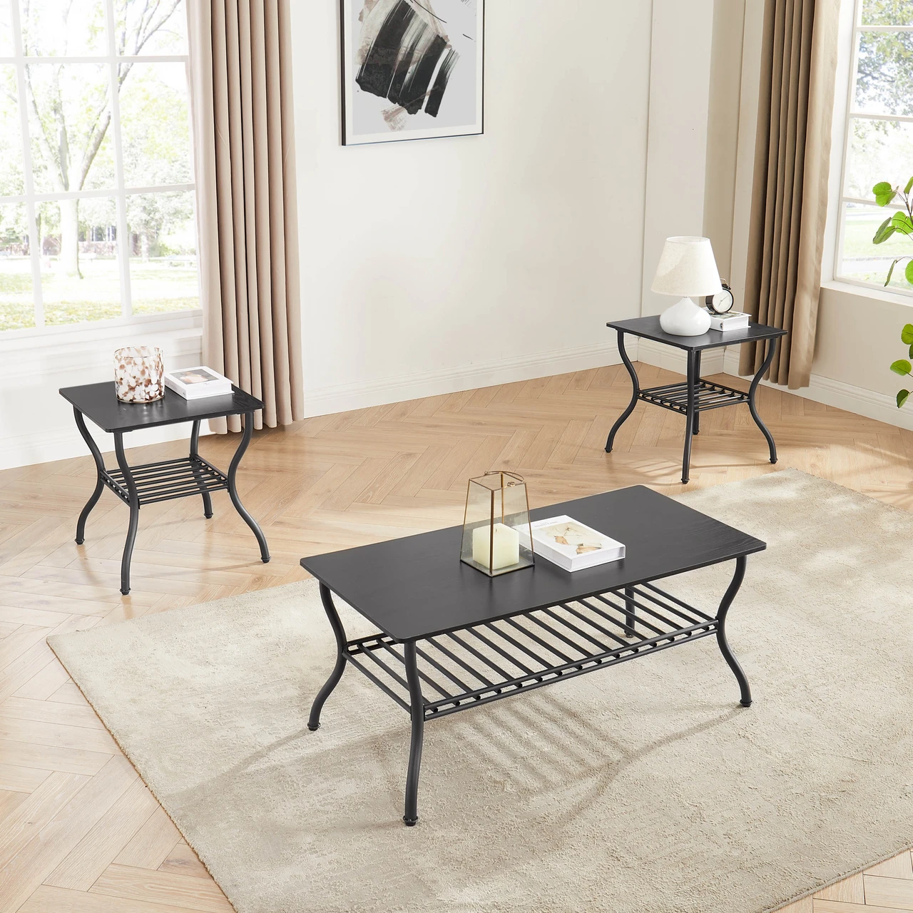 3-Piece Living Room Table Set: Coffee Table and Two End Tables with Open Storage Shelves, Metal Frame, Easy Assembly, Ideal for Apartments, Home Offices, and Small Spaces (Black)