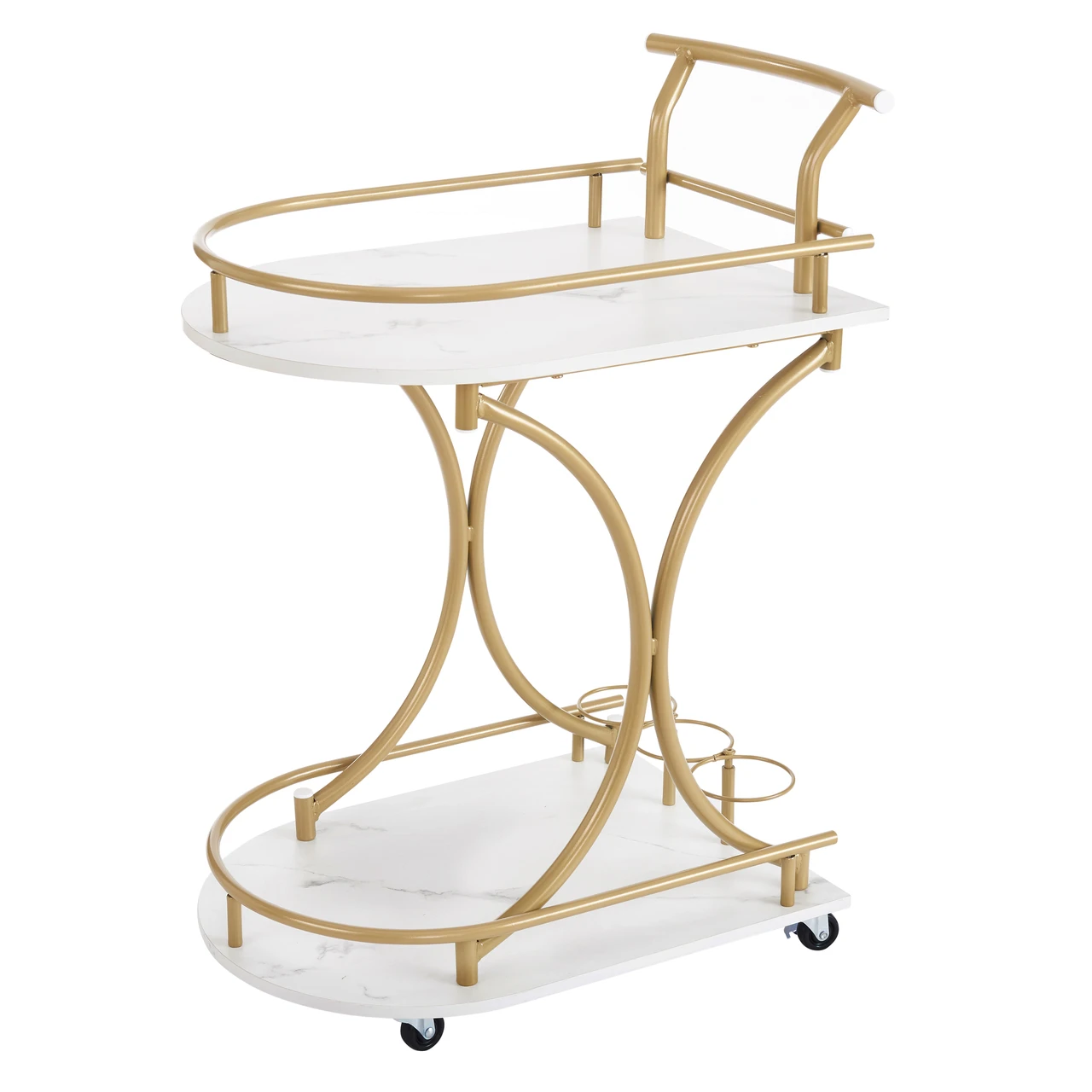 Bar Cart with Wheels Handle Rolling Home Bar Serving Carts 2 Tier Curved Anti-Collision Storage Small Trolley with Wine Rack and Glass Holder for Kitchen Dining Room Living Room Gold