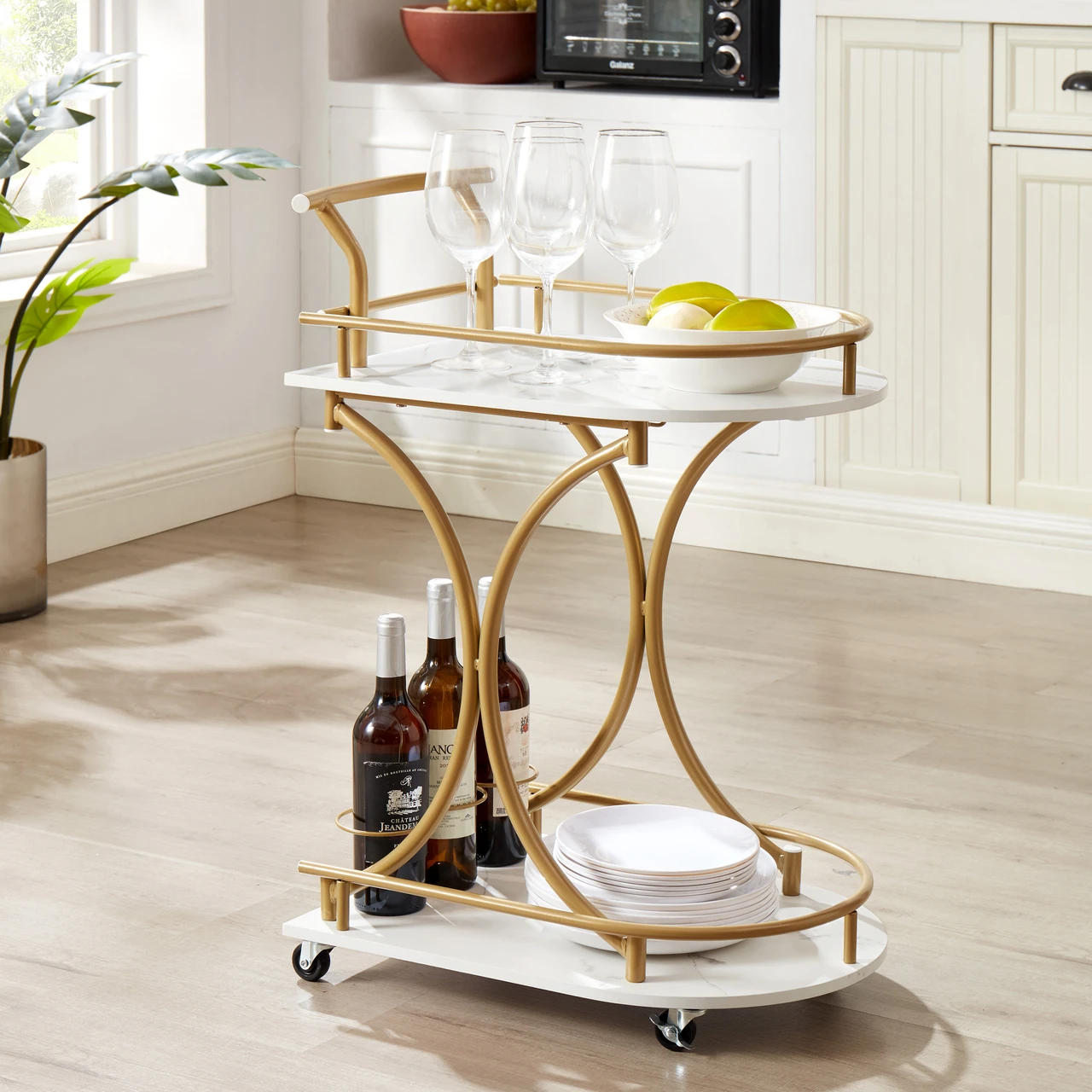 Bar Cart with Wheels Handle Rolling Home Bar Serving Carts 2 Tier Curved Anti-Collision Storage Small Trolley with Wine Rack and Glass Holder for Kitchen Dining Room Living Room Gold