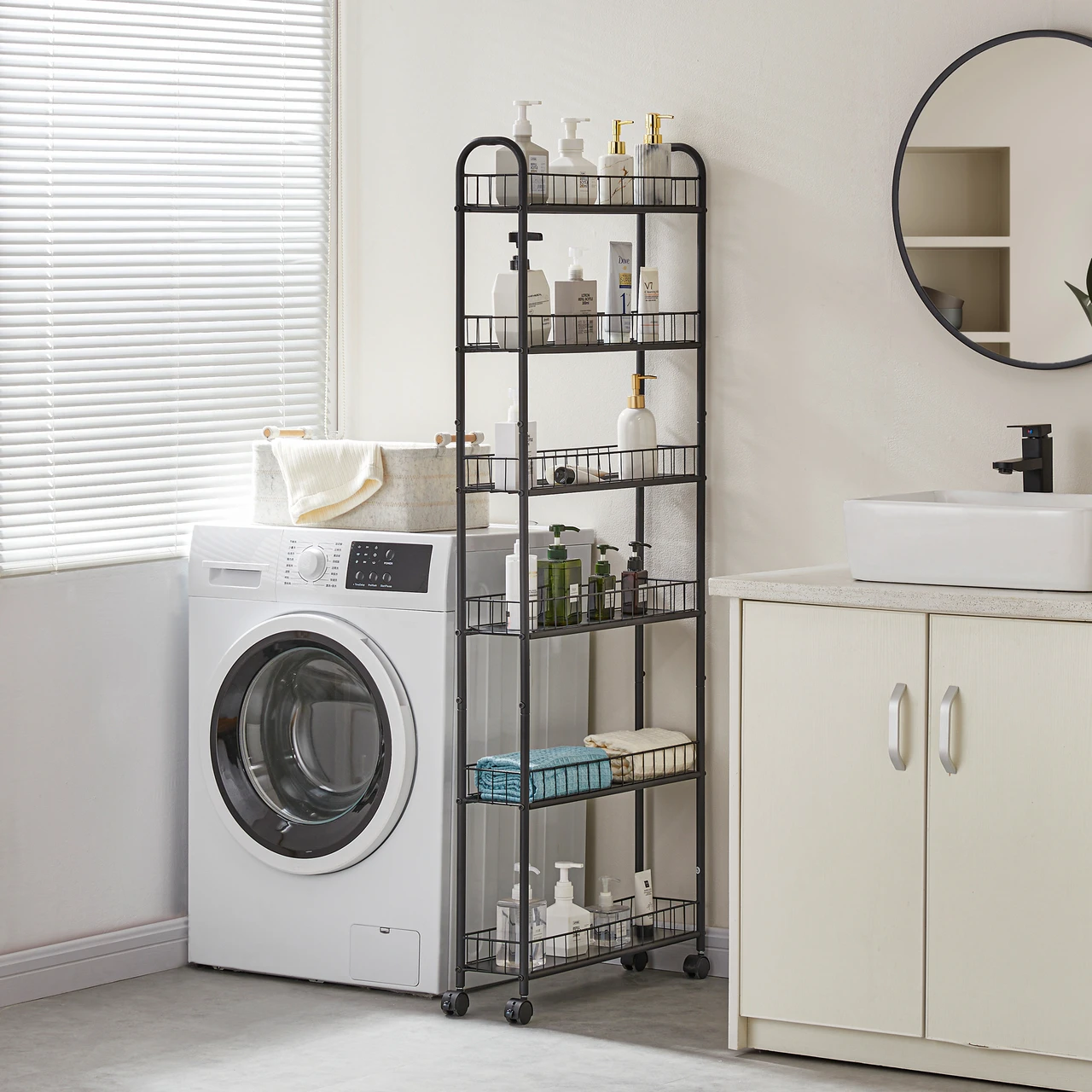 6 Tier 6in Slim Rolling Storage Cart, Mobile Shelving Unit with Wheels, Metal Wire Storage Shelving Rack with Baskets for Kitchen Bathroom Office Laundry Narrow Piaces