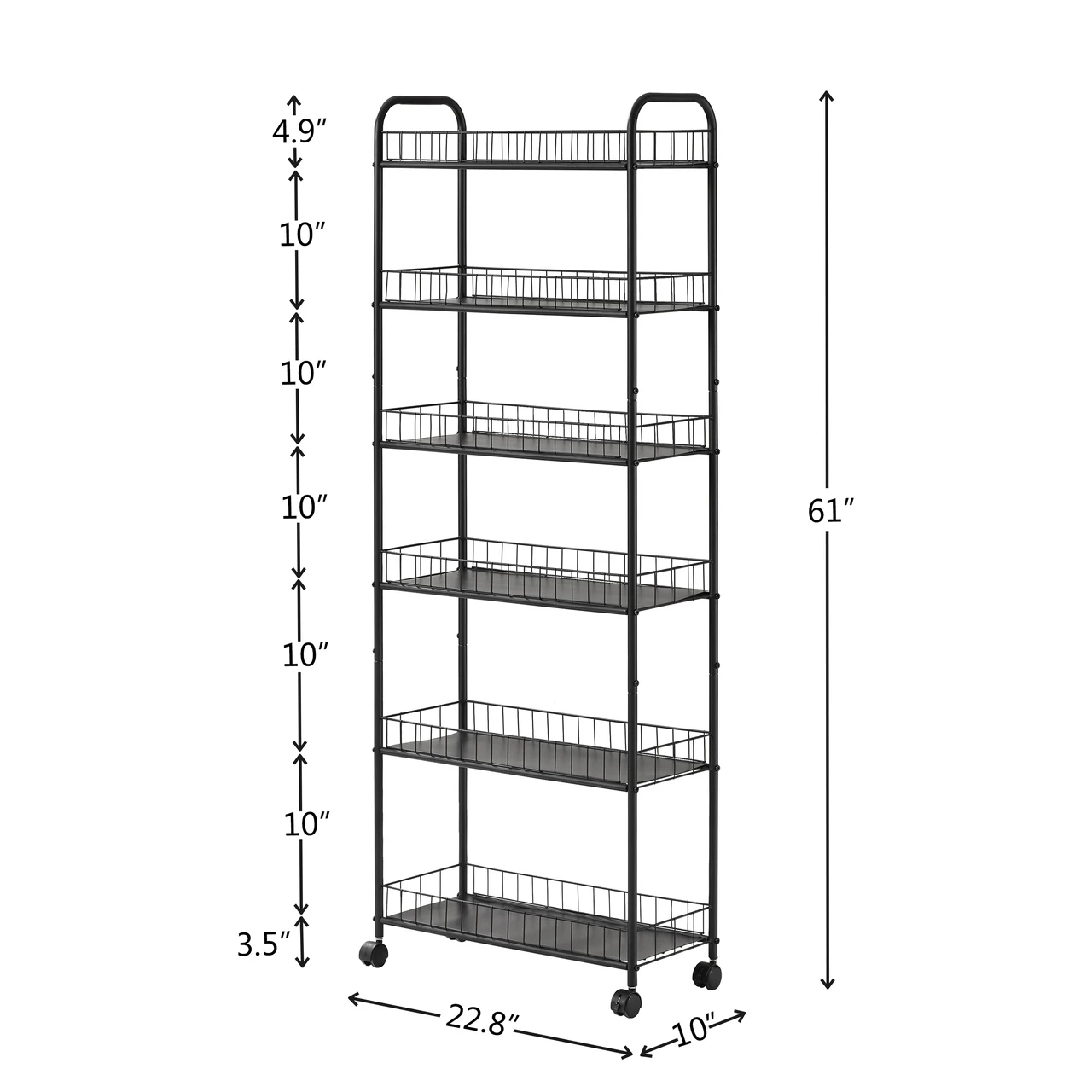 6 Tier 10in Slim Rolling Storage Cart with Handle, Mobile Shelving Unit with Wheels, Metal Wire Storage Rack with Baskets for Kitchen Bathroom Office Laundry Narrow Piaces