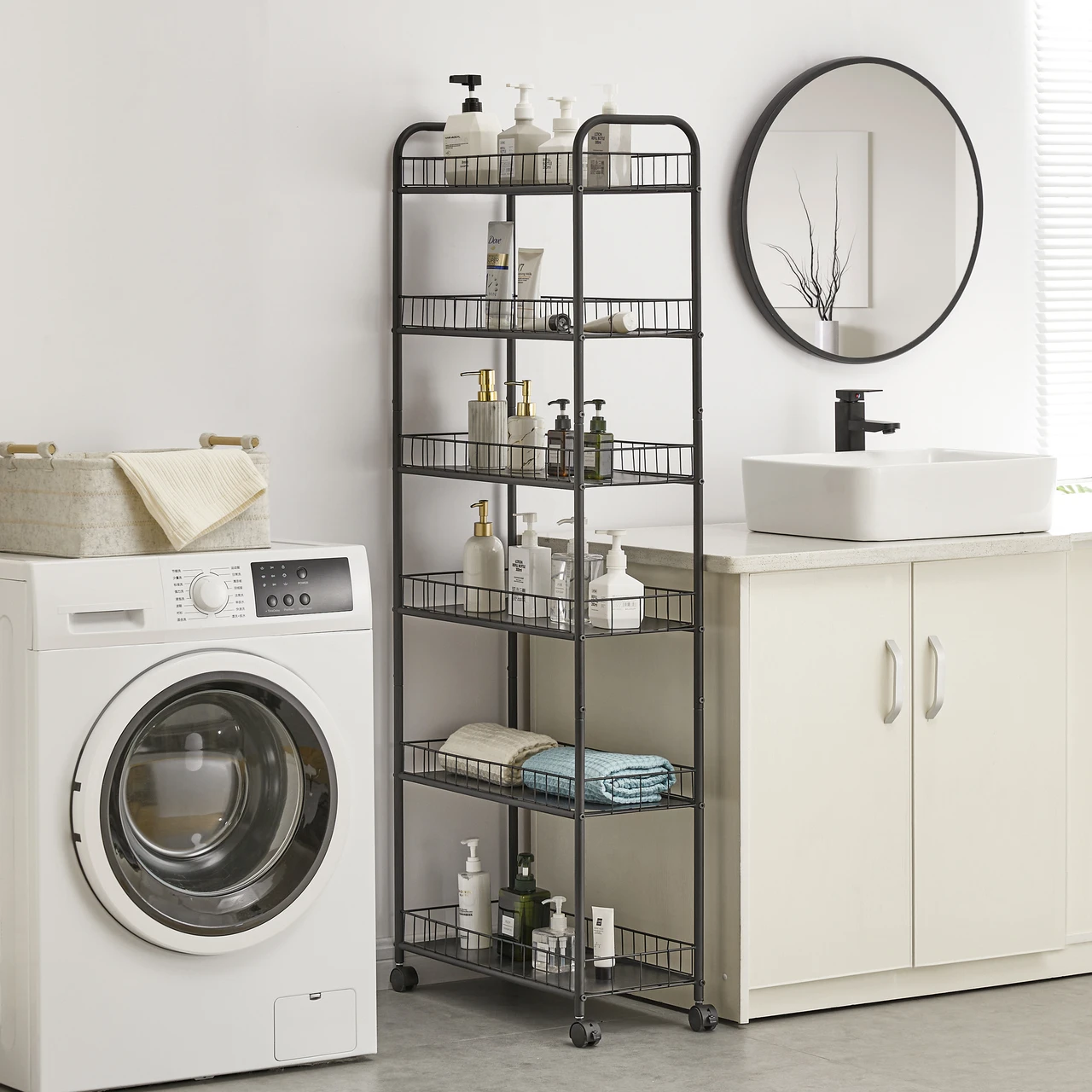 6 Tier 10in Slim Rolling Storage Cart with Handle, Mobile Shelving Unit with Wheels, Metal Wire Storage Rack with Baskets for Kitchen Bathroom Office Laundry Narrow Piaces