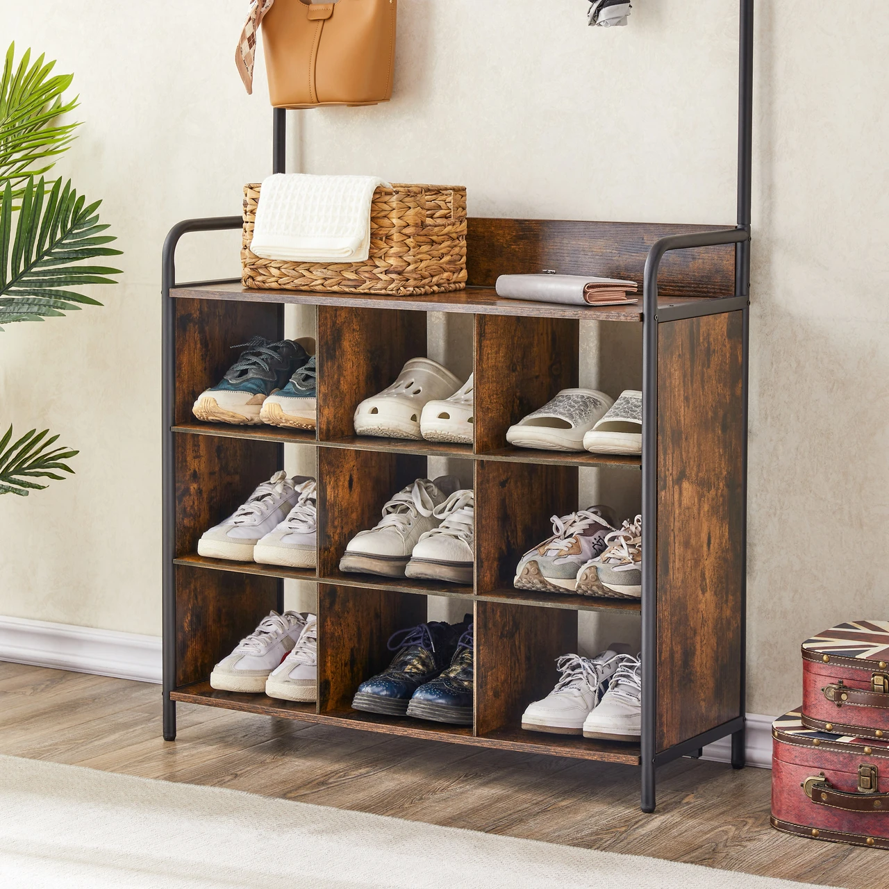 3 in 1 Multifunctional Coat Rack and Shoe Rack - Hallway Storage Rack with Grid, 4-Tier Shelves, and 7 Detachable Hooks - Perfect for Entryway, Bedroom, Living Room, and Cloakroom