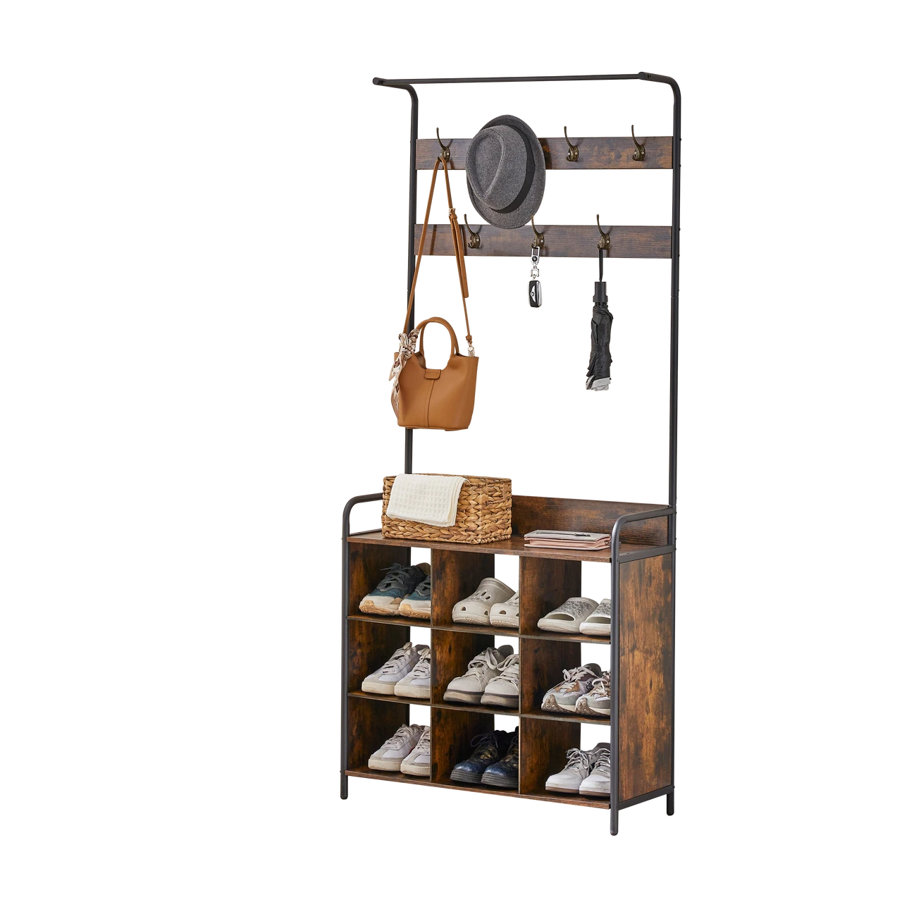 3 in 1 Multifunctional Coat Rack and Shoe Rack - Hallway Storage Rack with Grid, 4-Tier Shelves, and 7 Detachable Hooks - Perfect for Entryway, Bedroom, Living Room, and Cloakroom