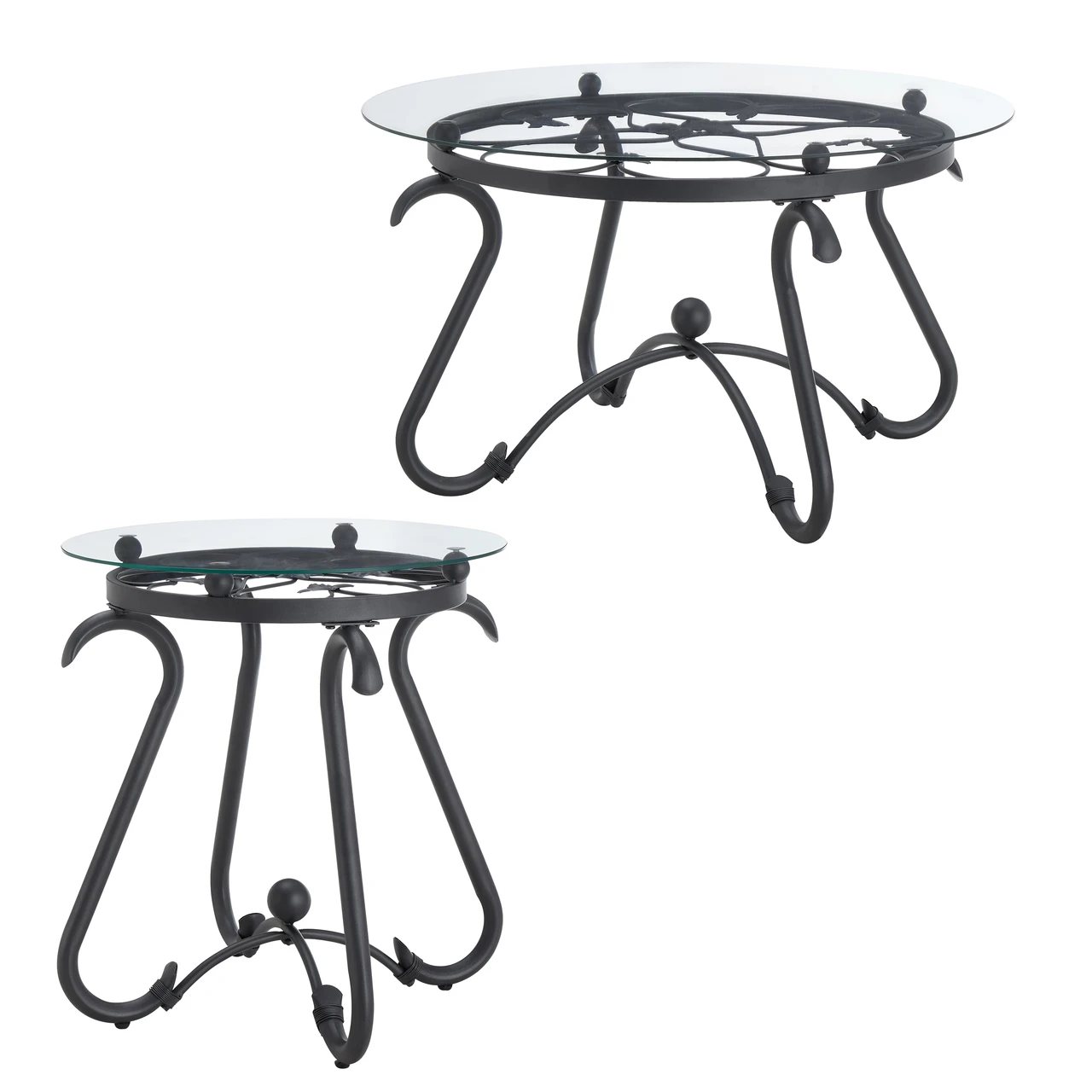 2 Piece Tempered Glass Surface Coffee Table Set, Decor Coffee Table Round End Side Table with Sturdy Construction for Living Room (Rustic Black)