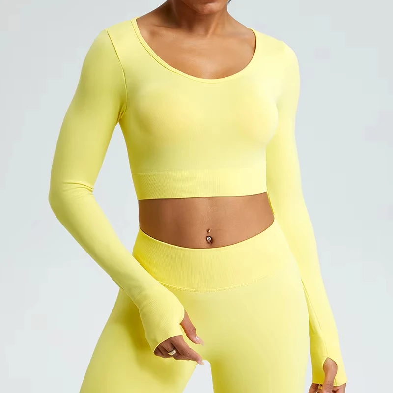 Yoga T-shirts Women Crop Top Solid Sports Top Long Sleeve Seamless Running Shirts
