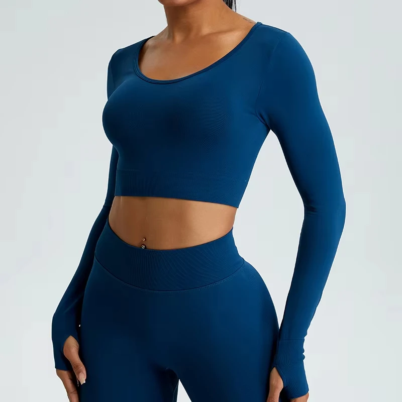 Yoga T-shirts Women Crop Top Solid Sports Top Long Sleeve Seamless Running Shirts