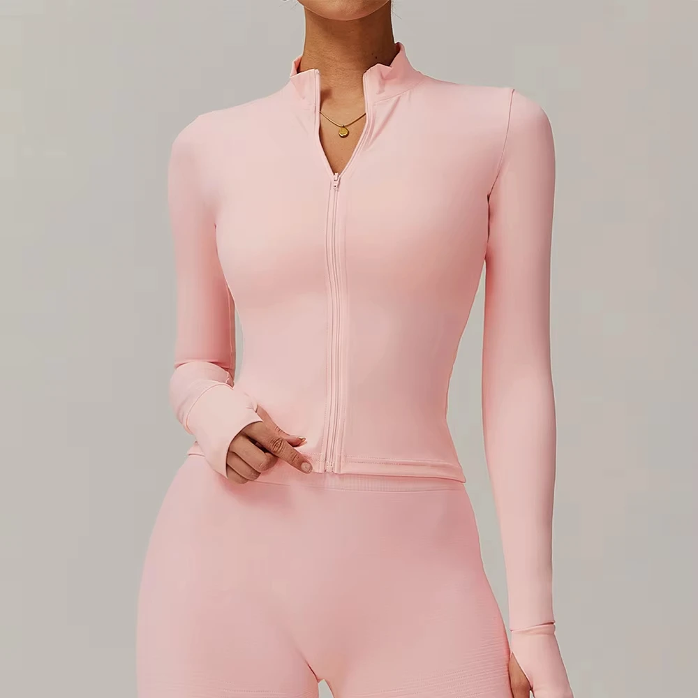 Women Zipper Jacket Yoga T-shirts Solid Sports Top Long Sleeve 