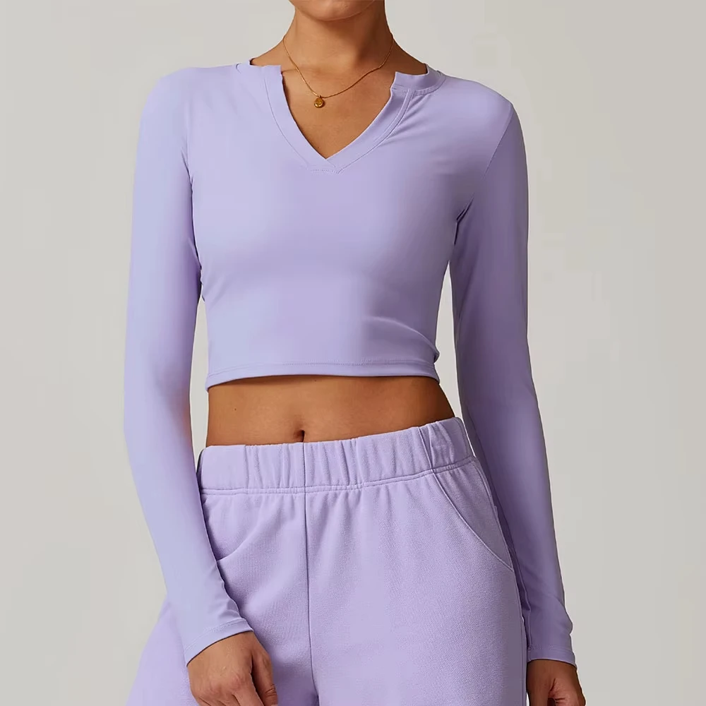 Women Outdoor Running Fitness T-shirt V-neck Long sleeved Single Piece Top