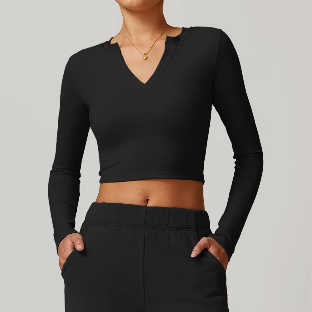 Women Outdoor Running Fitness T-shirt V-neck Long sleeved Single Piece Top