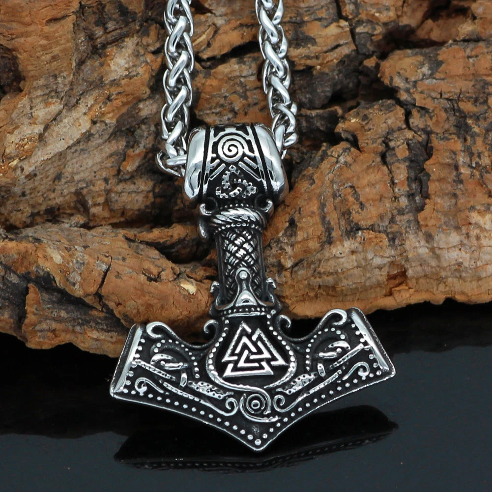 Men's Titanium Steel Thor Hammer Stainless Steel Viking Rune Pendant Necklace Trendy Jewelry