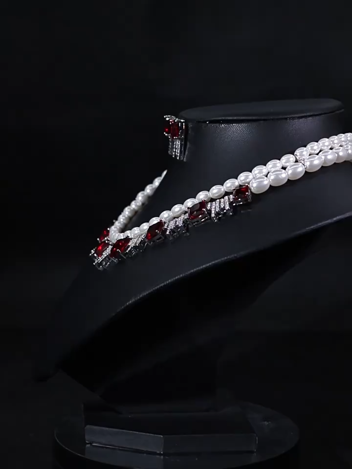 Elegant Pearl & CZ Jewelry Set | Double-Layer Earrings & Necklace for Stylish Collarbone Look