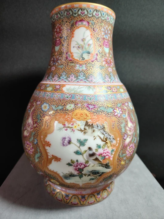 Enamel Color Flowers and Birds Fortune Bucket-Shaped Vase