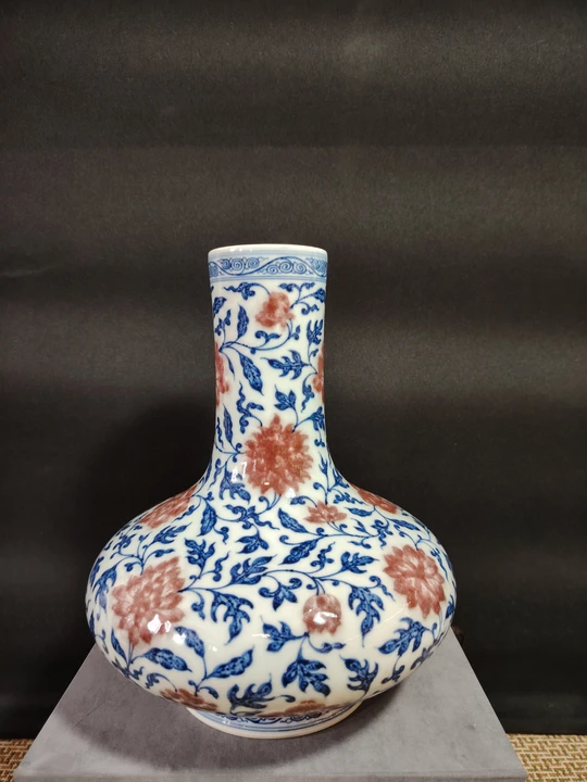 Qing Dynasty Emperor Yongzheng Blue and White with Underglaze Red Intertwined Lotus Pattern Vase