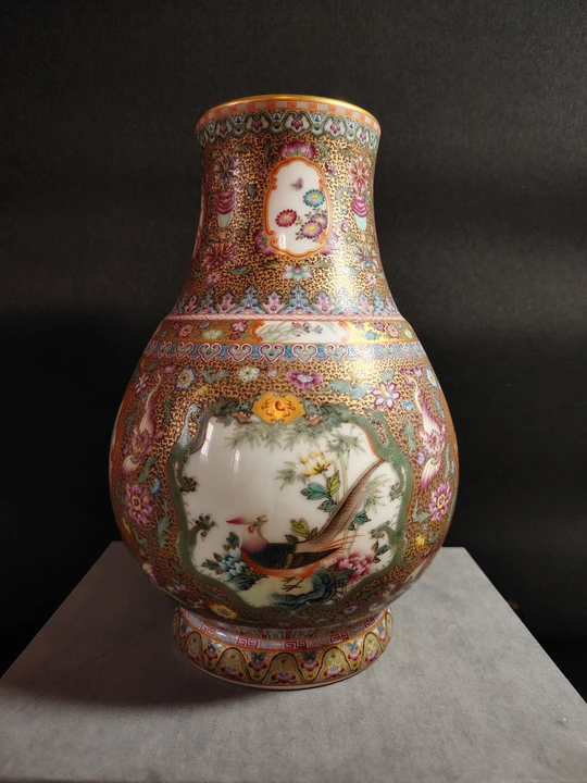 Enamel Color Flowers and Birds Fortune Bucket-Shaped Vase