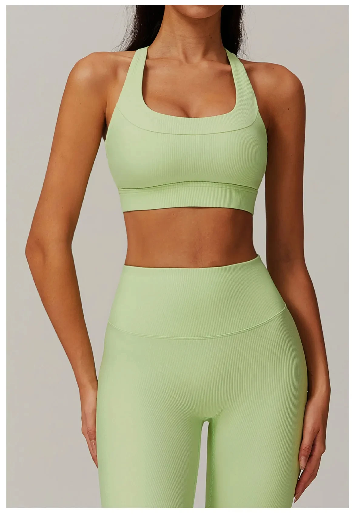 Solid Color Ribbed Women Fitness Bra Tights Workout Yoga 