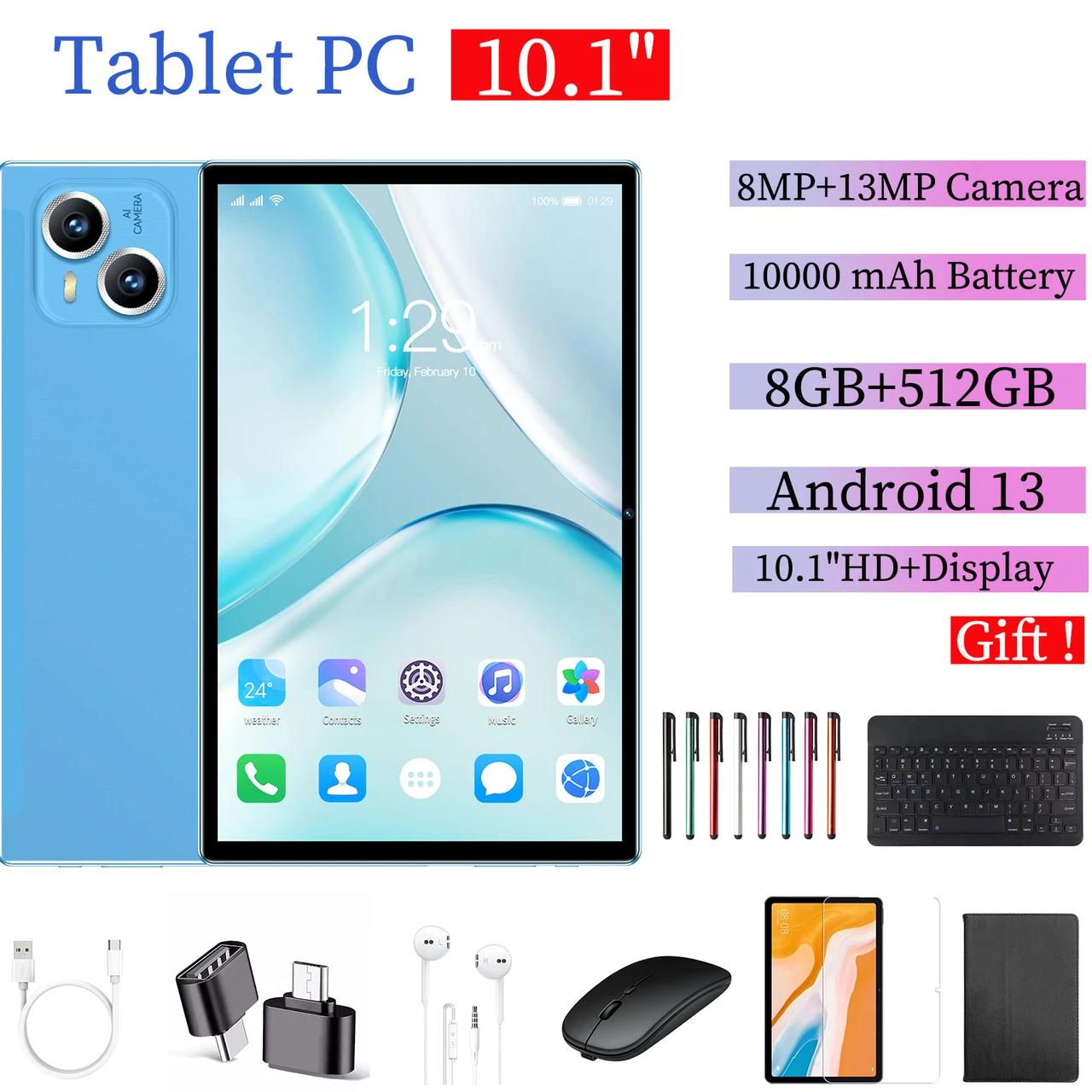 Android Tablet 10 Inch 10 Core Mini Tablets For Adults Gaming Tablet Computer Tablets With 8GB Ram+512GB Rom, 8000mAh, Front And Rear Cameras, Supports SIM Card Call Digital Notepad College Supplies