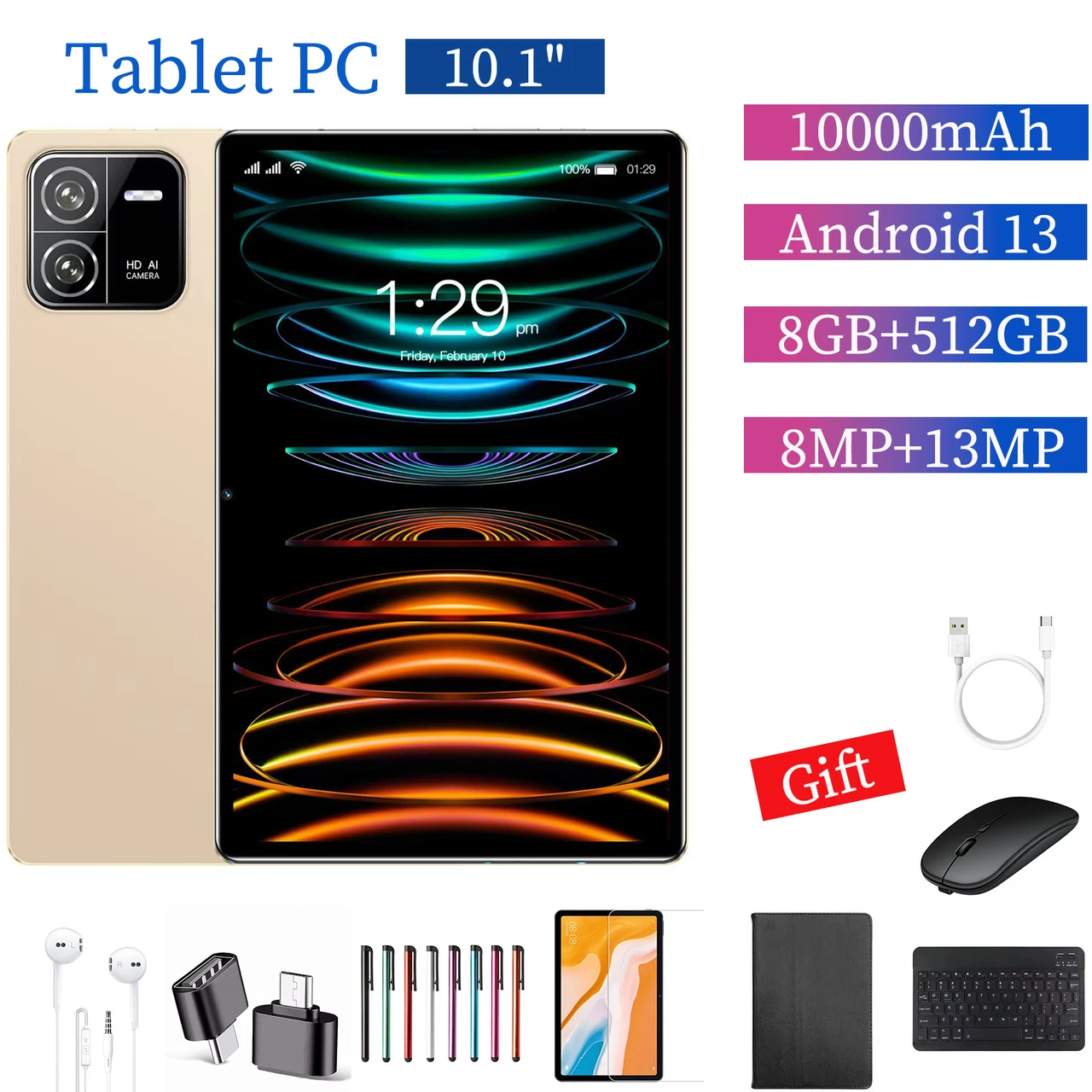 Android Tablet 10 Inch 10 Core Mini Tablets For Adults Gaming Tablet Computer Tablets With 8GB Ram+512GB Rom, 8000mAh, Front And Rear Cameras, Supports SIM Card Call Digital Notepad College Supplies