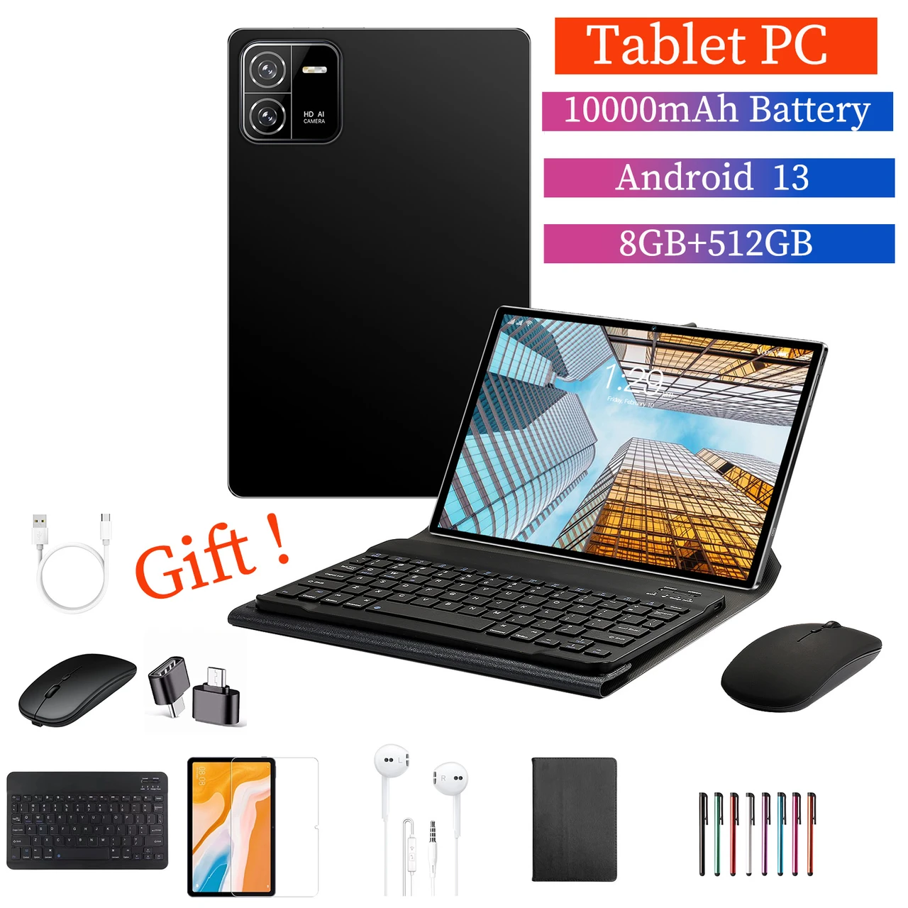 Android Tablet 10 Inch 10 Core Mini Tablets For Adults Gaming Tablet Computer Tablets With 8GB Ram+512GB Rom, 8000mAh, Front And Rear Cameras, Supports SIM Card Call Digital Notepad College Supplies