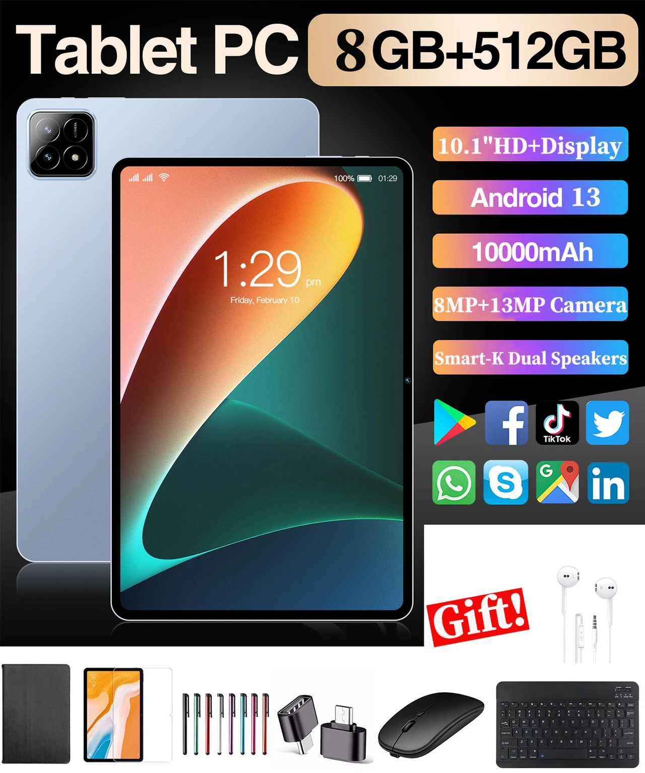 Android Tablet 10 Inch 10 Core Mini Tablets For Adults Gaming Tablet Computer Tablets With 8GB Ram+512GB Rom, 8000mAh, Front And Rear Cameras, Supports SIM Card Call Digital Notepad College Supplies